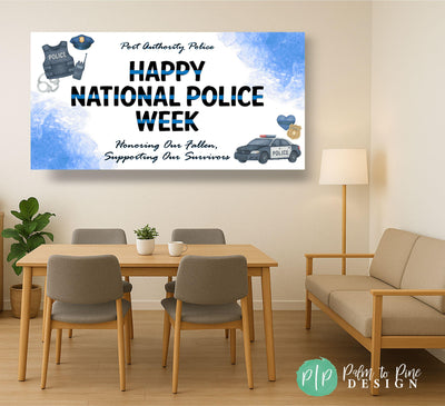 National Police Week banner displayed in a break room setting with chairs and tables, honoring fallen officers and supporting survivors. Watercolor police illustrations and a thin blue line design give the banner a respectful and artistic feel.