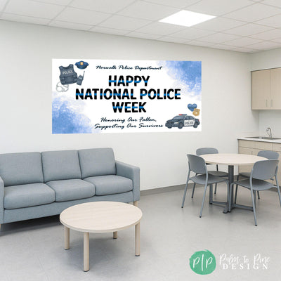 Support your local law enforcement heroes with this printed Police Week banner, decorated with soft watercolor graphics of handcuffs, walkie-talkie, badge, and patrol car.