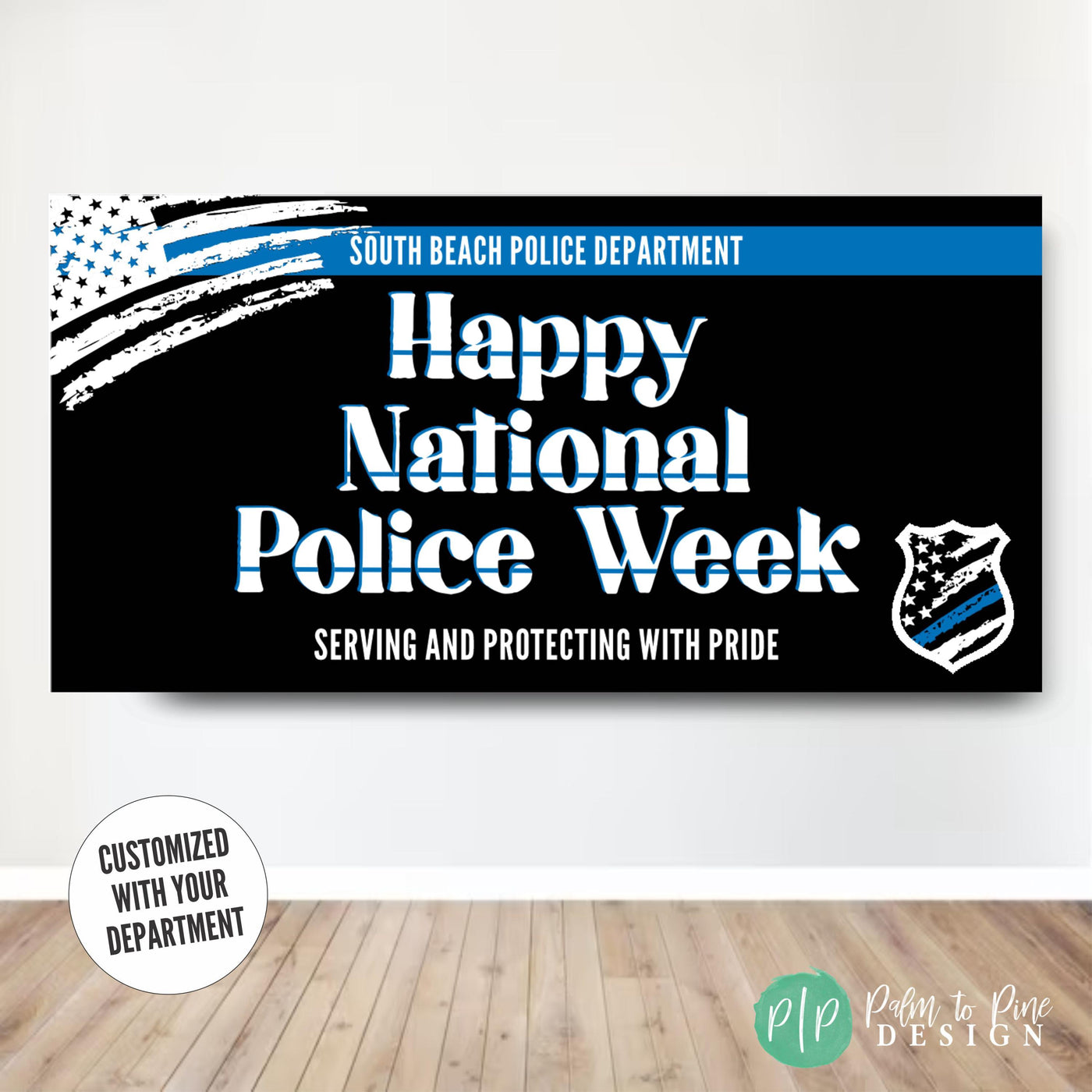 National Police Week banner featuring a black background with white and blue text. The top displays the police department name on a thin blue line. The center showcases &#39;Happy National Police Week&#39; in large stylized white letters with blue outlines. At the bottom reads &#39;SERVING AND PROTECTING WITH PRIDE&#39;. Includes a partial American flag with a thin blue line design, and a shield-shaped badge with blue line. The overall design uses police colors of black, white, and blue.