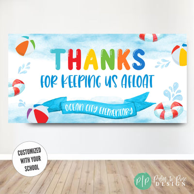 beach ball personalized teacher appreciation backdrop with blue background and life preservers and ball clipart