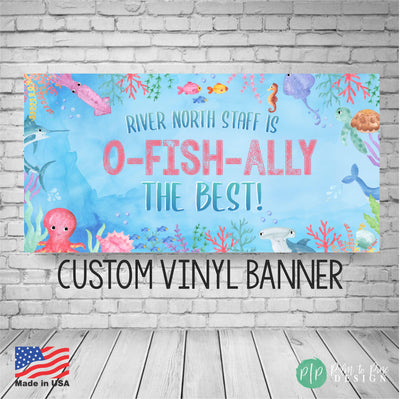 under the sea teacher appreciation week banner for school with ocean animals and sealife against a watercolor blue background