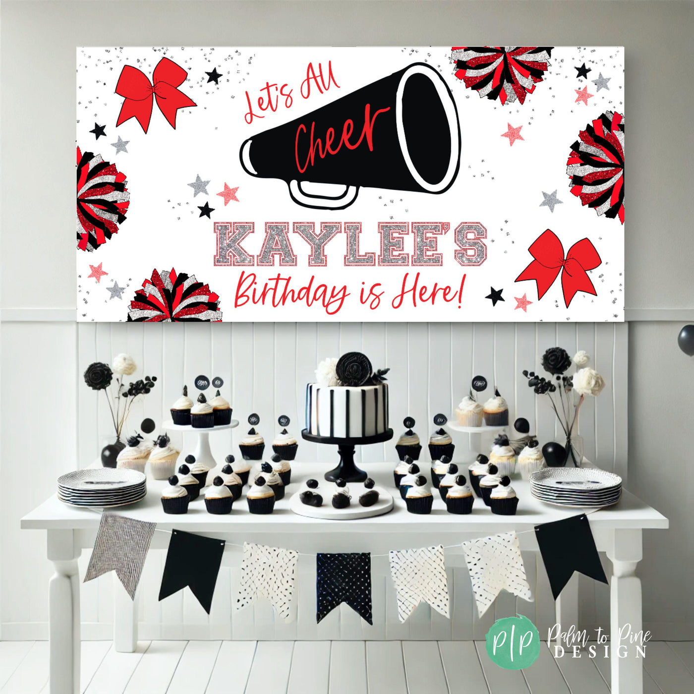 cheerleading birthday party sign with megaphone and pom pom clipart