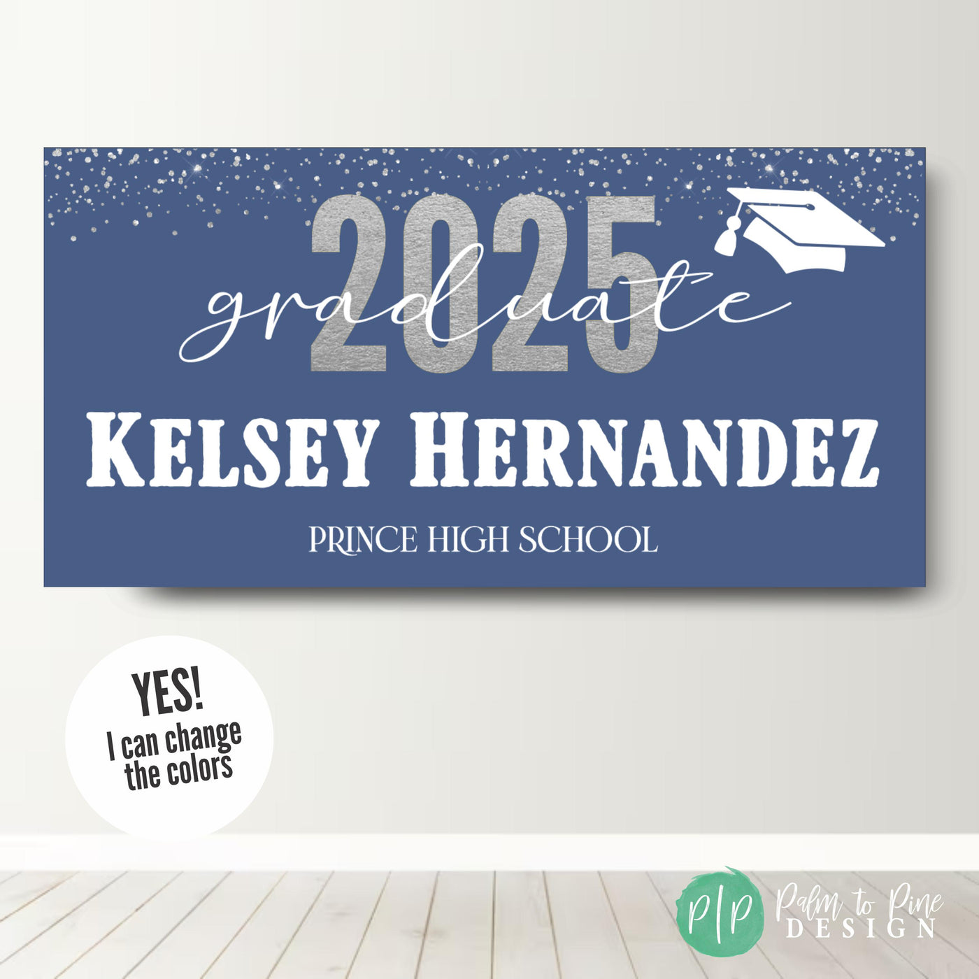 Custom Graduating Class of 2025 Banner personalized with school colors, name and school name
