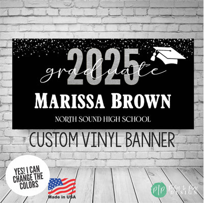 Senior 2025 Graduation Banner personalized with name and school in black and silver