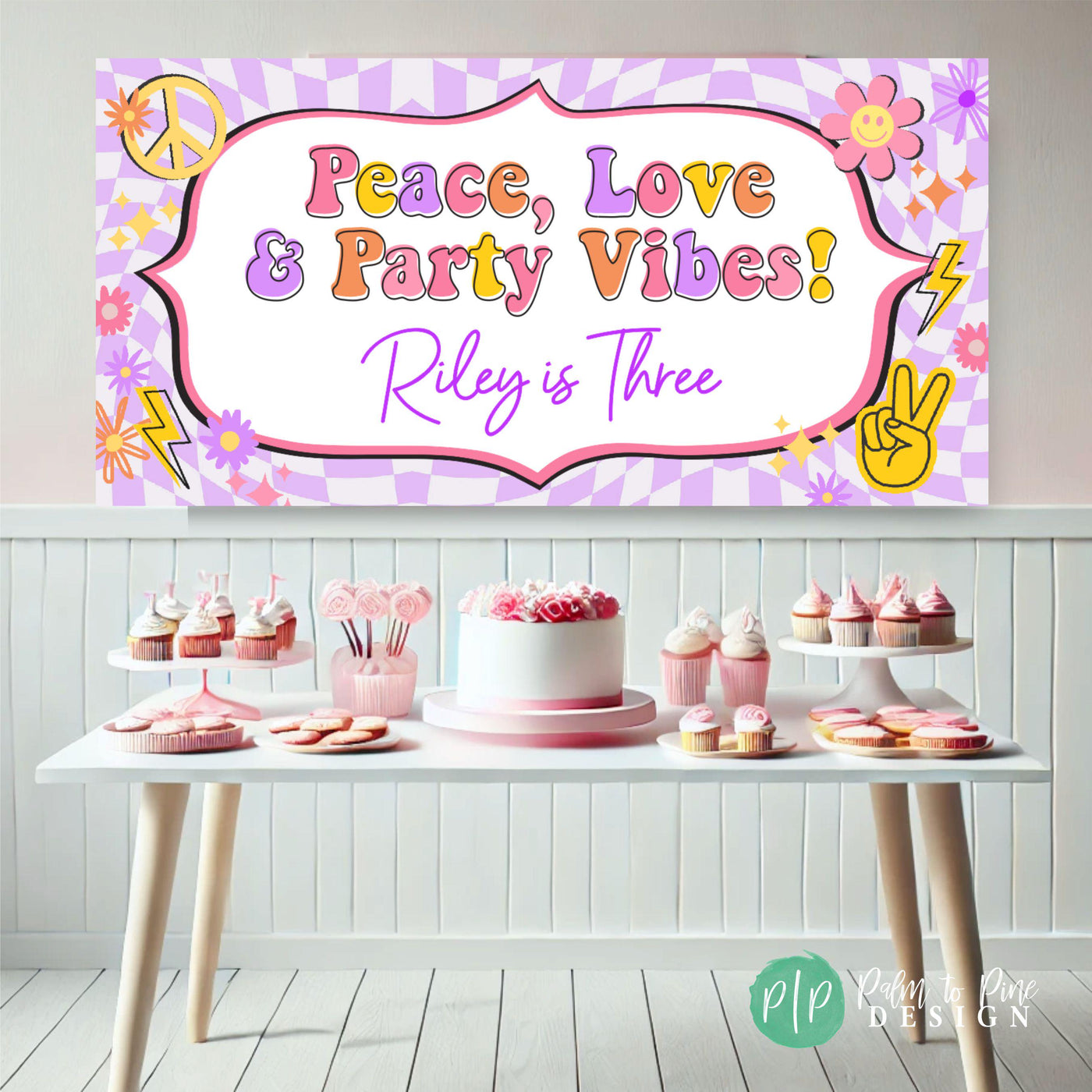 custom purple and pink girls groovy birthday party banner