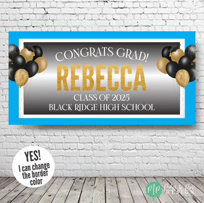 Modern graduation banner featuring custom name, Class of 2025, and school, with black and gold graduation balloons wearing caps and a clean blue and white border that can be customized with the school colors.
