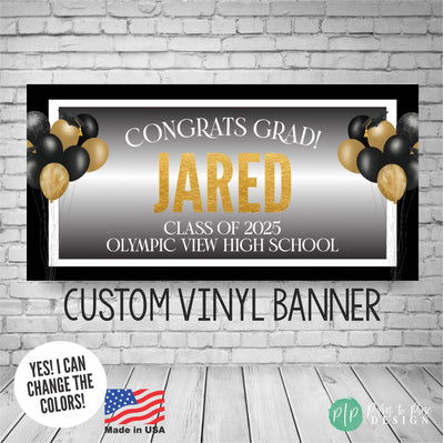 Black, gold, and white graduation banner with &quot;Congrats Grad,&quot; graduate’s name, Class of 2025, school name, and a cluster of black and gold balloons topped with graduation caps, framed by a modern black and white border.