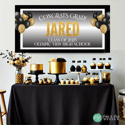 congrats grad personalized graduation banner behind an elegant black and gold dessert table