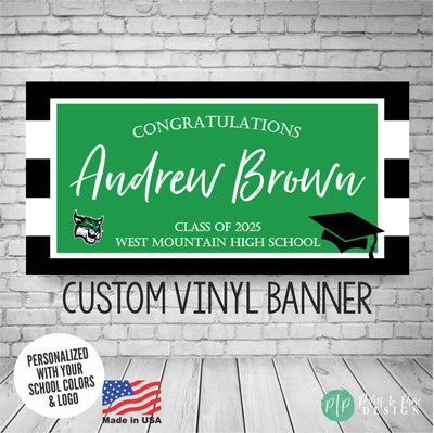 Personalized graduation banner that reads Congratulations (name) Class of 2025 (school name) and includes bold black and white stripes in the background, and school colors in the foreground. The design also includes a school logo or mascot and graduation cap