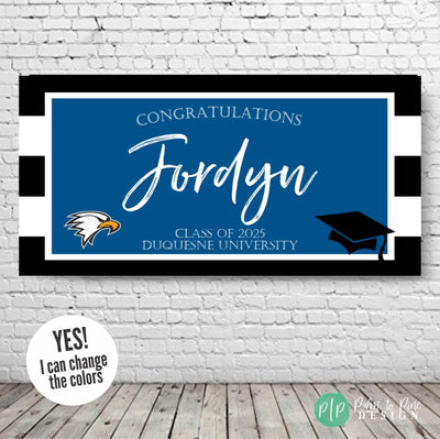 Personalized graduation banner with bold stripes, school colors, and custom text reading “Congratulations [Name] Class of 2025 [School Name]”; features school mascot and graduation cap for senior party decor.
