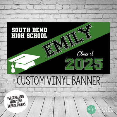 Class of 2025 personalized graduation banner featuring bold stripe design with graduates name and personalized with school colors, name and class of 2025