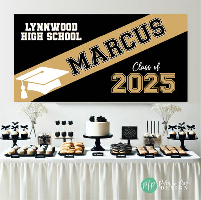 black and gold graduation party dessert table with personalized banner