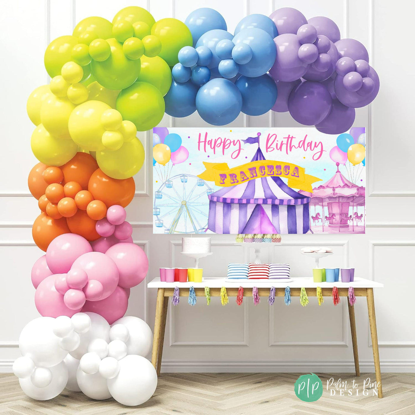 pink and purple girls circus birthday party backdrop