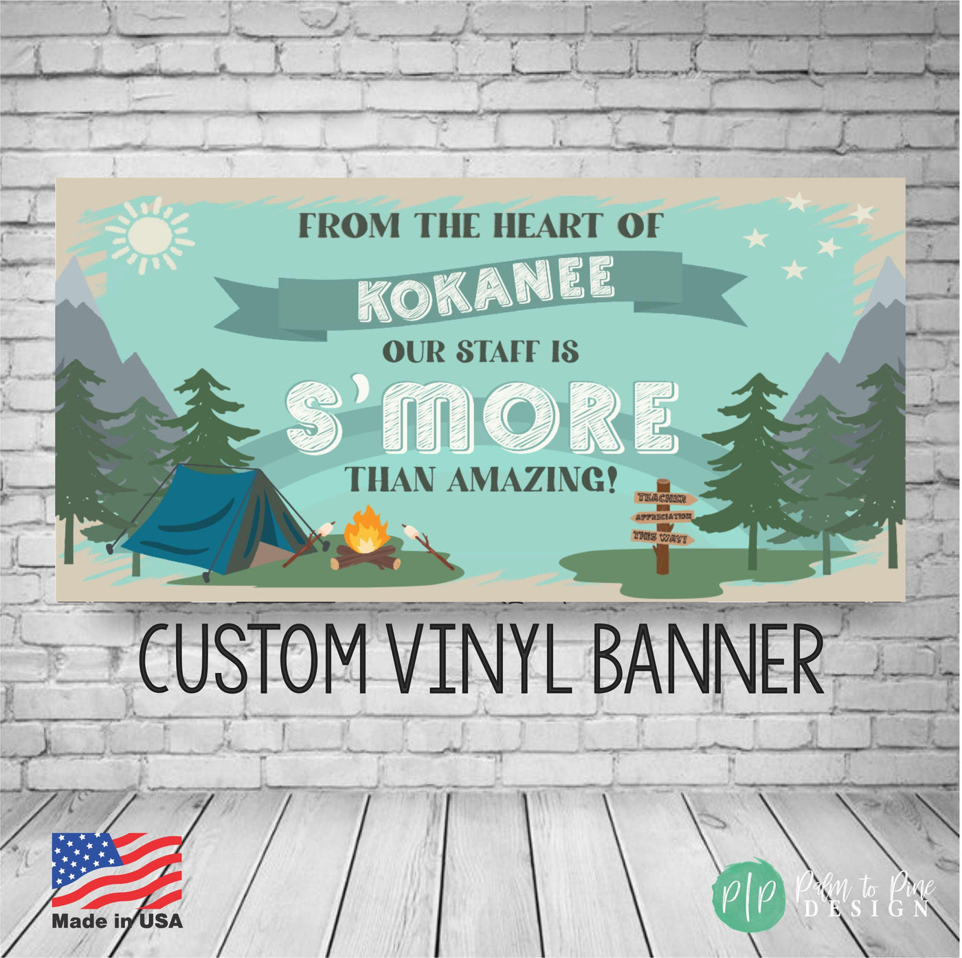 teacher appreciation personalized vinyl banner with an outdoor camping theme and s&#39;mores vibe