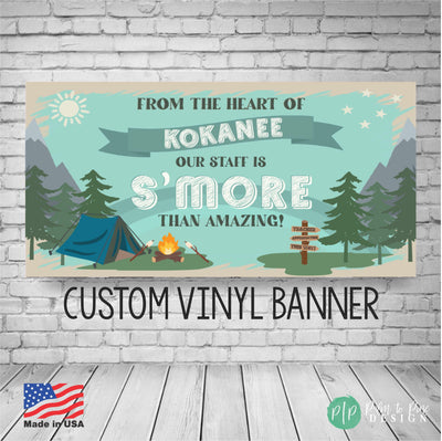 teacher appreciation personalized vinyl banner with an outdoor camping theme and s&#39;mores vibe