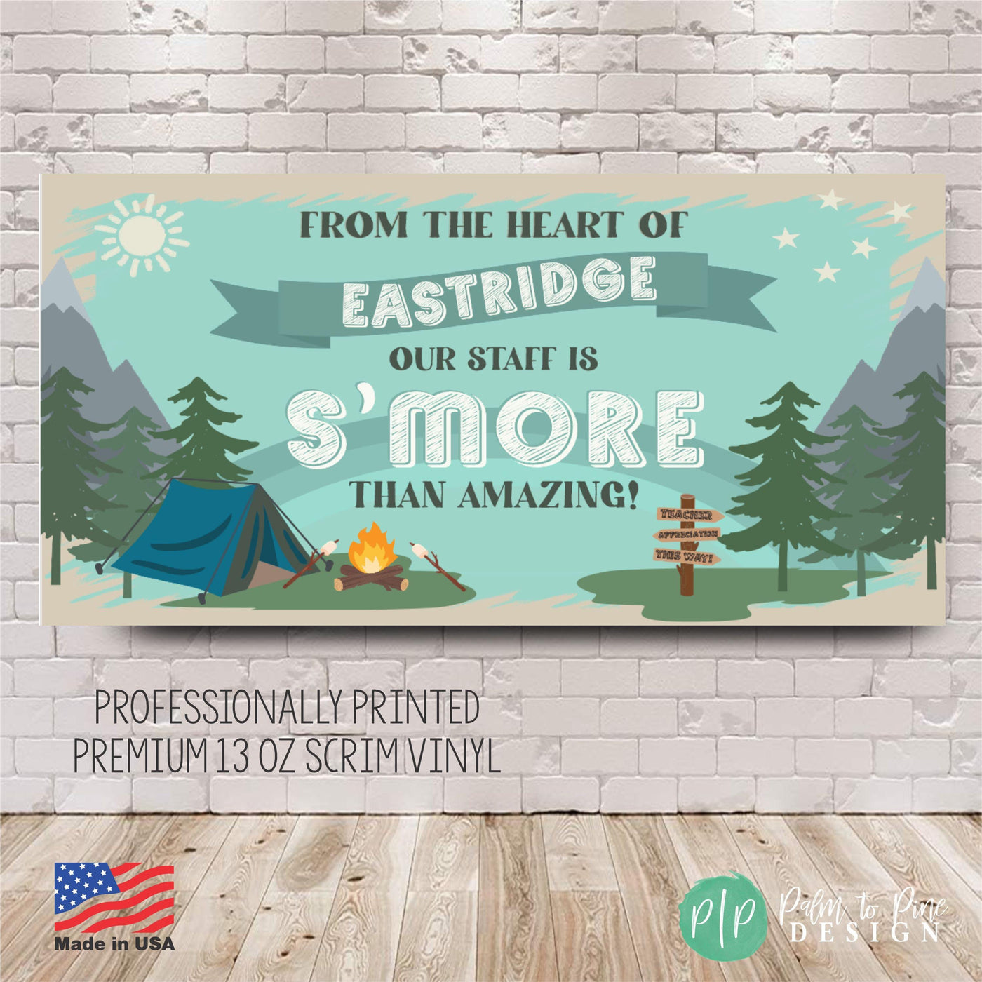 custom camping teacher appreciation banner with tent, fire, trees clipart