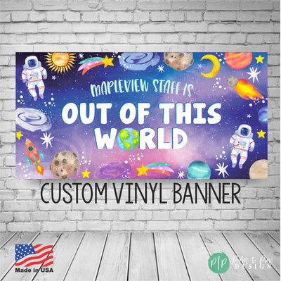 out of this world space themed teacher appreciation banner with astronauts, planets and galaxy theme clipart