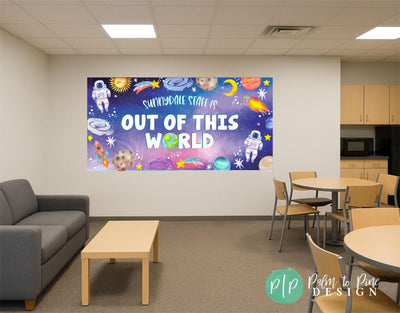 Teacher appreciation week banner in a space theme with &quot;our teachers and staff are out of this world&quot;. The design includes astronauts, stars, planets and a galaxy theme