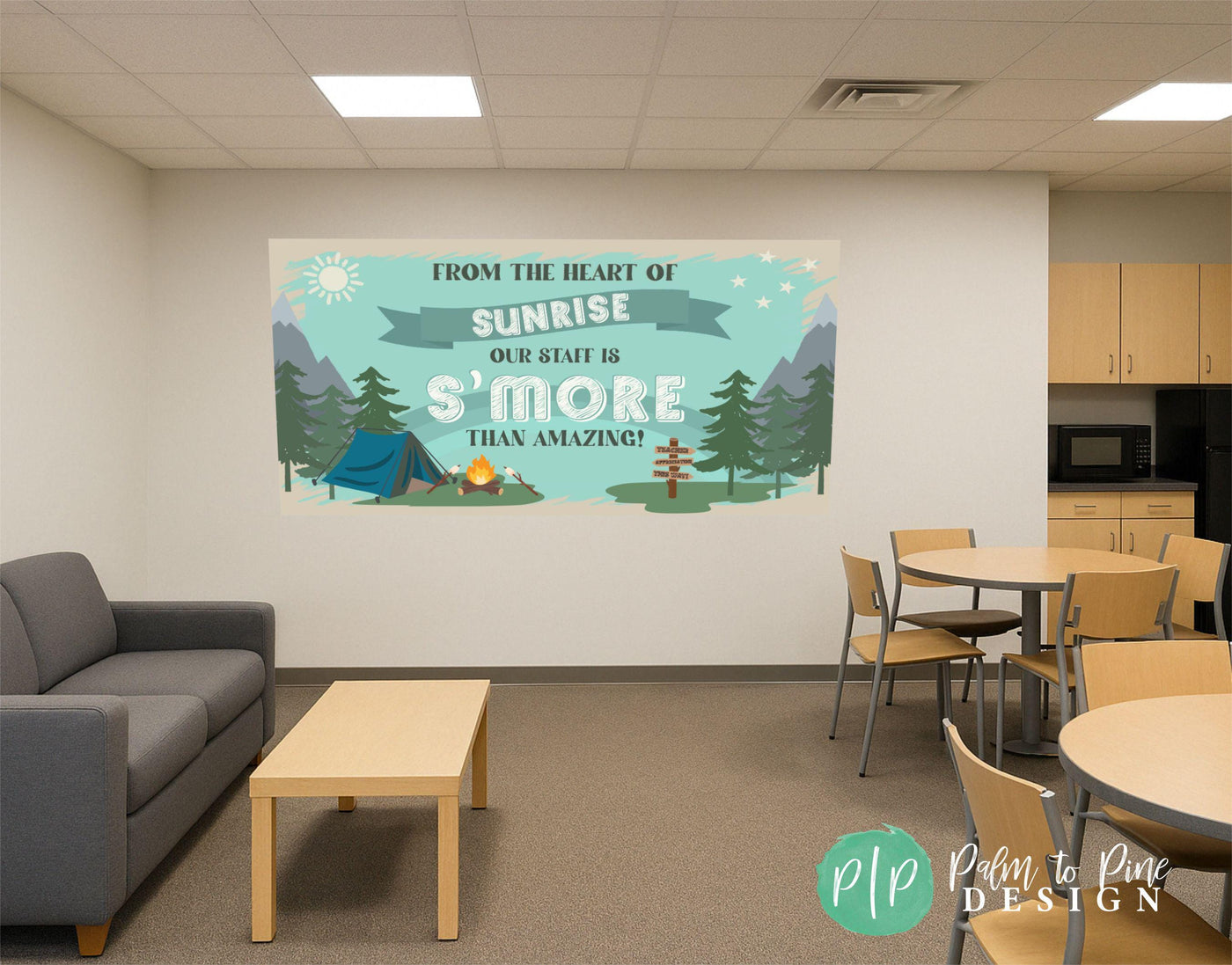 Teacher & Staff Appreciation Week banner with a cozy campfire/s’mores vibe for a nature/camping theme staff appreciation week displayed in the teacher&#39;s lounge