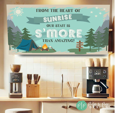 S&#39;mores themed teacher appreciation banner in front of coffee station in teacher lounge room