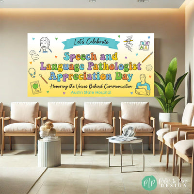 Speech therapist thank you banner for hospital or clinic in waiting room, banner features illustrated speech tools and personalized wording.
