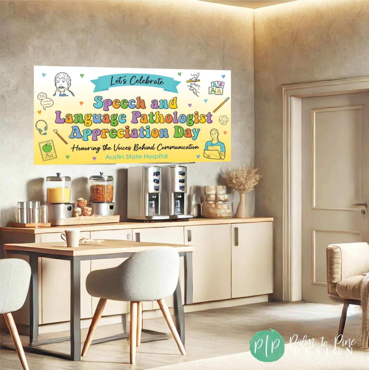 SLP office decor banner for Speech-Language Pathologist Appreciation Day with illustrated speech therapists tools and thank-you message