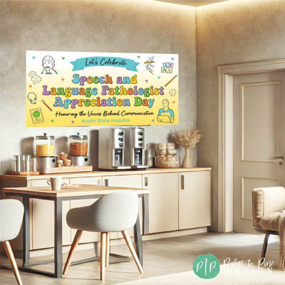 SLP office decor banner for Speech-Language Pathologist Appreciation Day with illustrated speech therapists tools and thank-you message