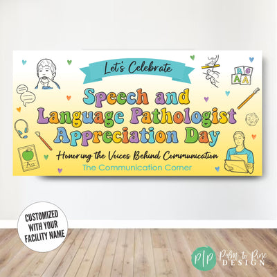 Speech therapist appreciation sign with cartoon-style visuals and custom text for middle school or workplace