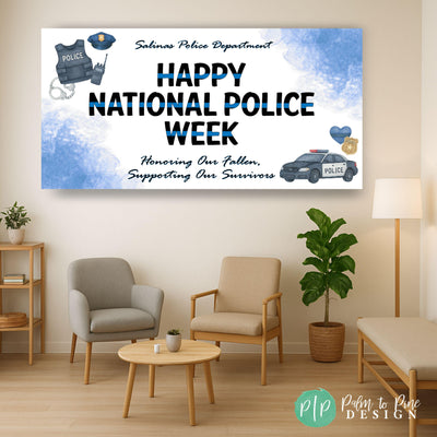 Watercolor-style National Police Week banner for breakroom or office decor, featuring thin blue line lettering and hand-painted police elements like a vest, squad car, and badge. Personalized with ‘(City Name) Police Department’ and a message honoring fallen officers.