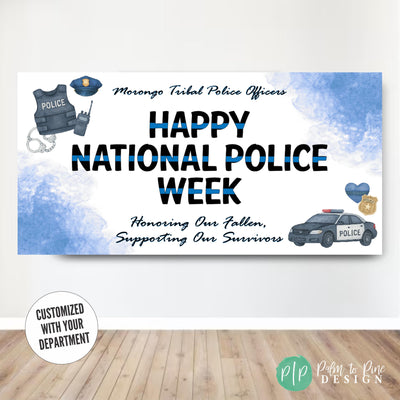 Custom Happy National Police Week Appreciation banner with blue and black thin line design, watercolor police gear illustrations, and meaningful tribute text. Ideal for department celebrations, memorial events, or workplace appreciation