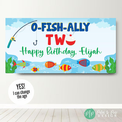 Fishing Birthday Banner for 2nd birthday with O-Fish-Ally Two and primary color fish in the water, includes a fishing pole and bobber