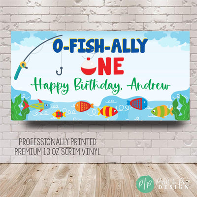 Fishing first birthday banner personalized with kids name and age in primary colors