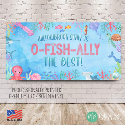 personalized teacher appreciation week banner with under the sea theme and ocean animals with a watercolor blue background