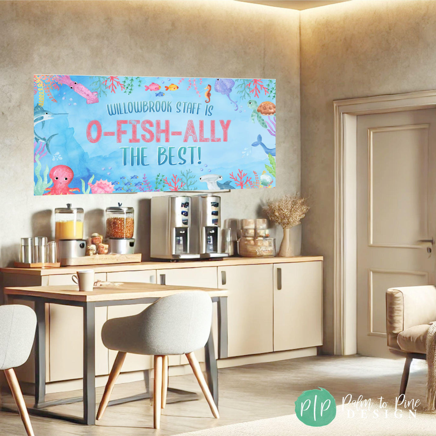 Ocean animals celebrate the amazing staff with a cheerful message: ‘O-FISH-ALLY the Best!’—a fintastic pun-filled banner for Teacher Appreciation week at an Elementary school or preschool in teacher staff room coffee area
