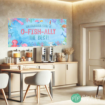 Ocean animals celebrate the amazing staff with a cheerful message: ‘O-FISH-ALLY the Best!’—a fintastic pun-filled banner for Teacher Appreciation week at an Elementary school or preschool in teacher staff room coffee area