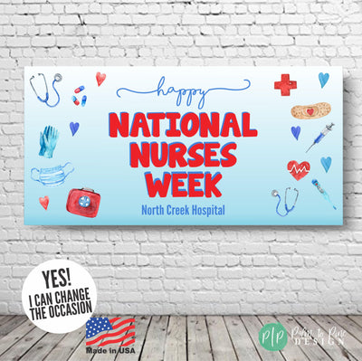 Happy National Nurses Week Appreciation Banner with medical supplies in light blue and red color palette