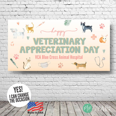 A Happy Veterinary Appreciation Day banner displayed on a white brick wall personalized with vet clinic or pet hospital name. The background has a soft peach gradient, and the design includes hand-drawn watercolor illustrations of cats, dogs, a stethoscope, mask, syringe, gloves, thermometer, and paw prints.