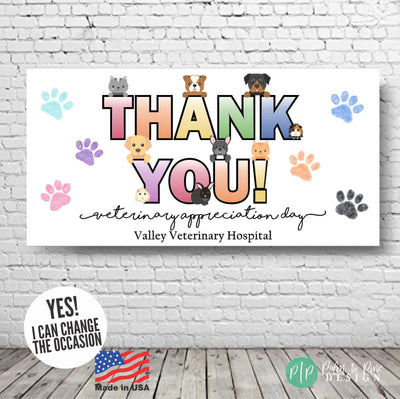 Veterinarian thank you banner with customizable clinic name, rainbow text, cute animals, and festive balloon illustrations.