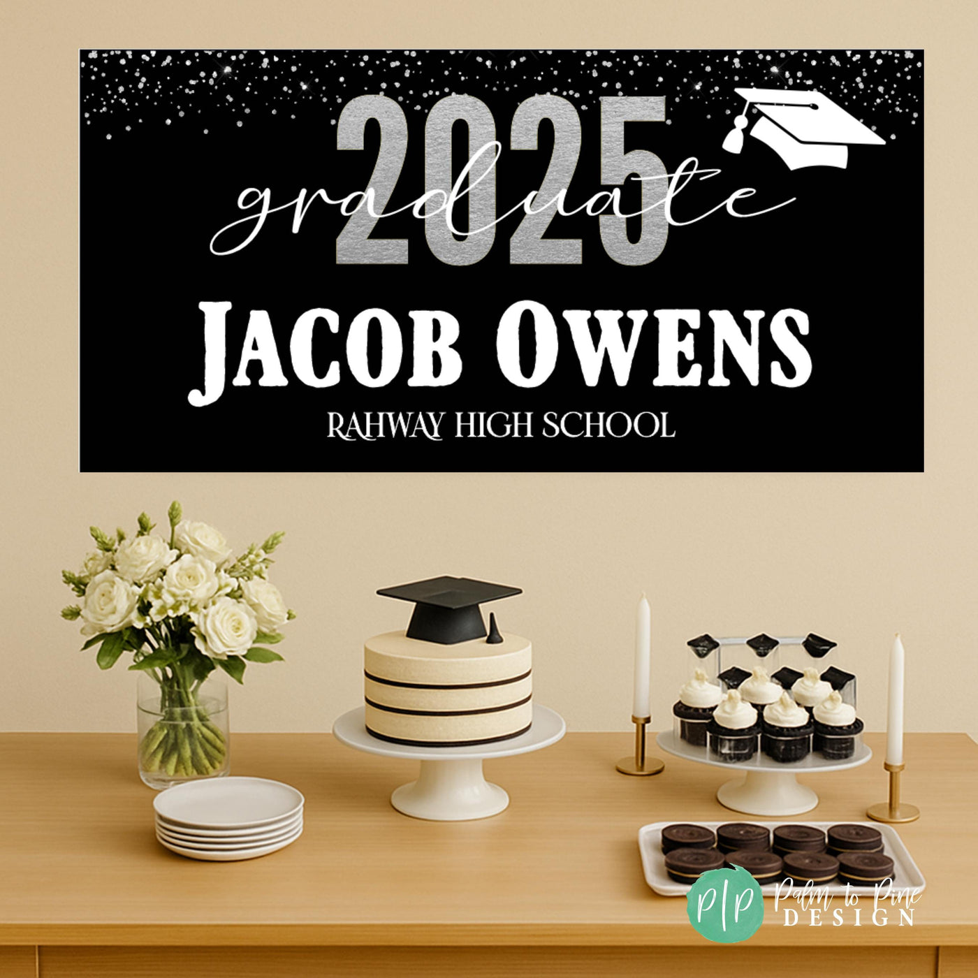 Graduation Party Backdrop Banner in front of minimal dessert table