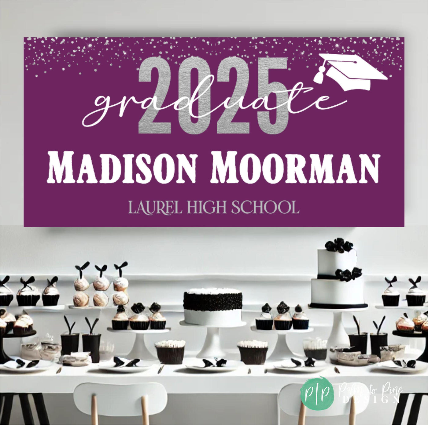 College Graduation Banner in front of elegant black and white dessert table