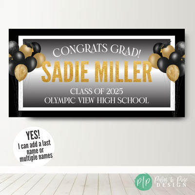 Personalized black, white, and gold graduation banner with &quot;Congrats Grad,&quot; school name, graduate’s name, and festive balloon bouquet with mini grad caps, all framed in a sleek black border.