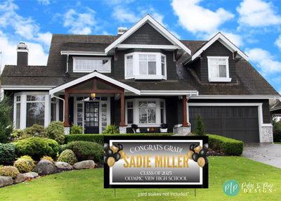 Stylish Class of 2025 graduation yard banner in front of house. Banner features black and gold balloons with graduation caps, bold &quot;Congrats Grad&quot; lettering and graduates name and school, and a minimalist black and white border.