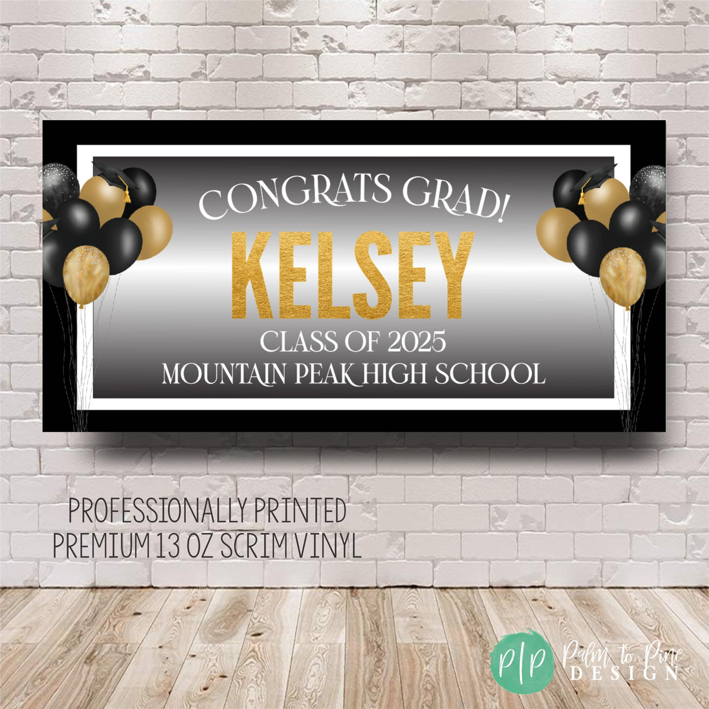 lack, gold, and white graduation banner with &quot;Congrats Grad,&quot; graduate&#39;s name, Class of 2025, and school name, accented with graduation caps on the balloon bundles and modern black and white border.
