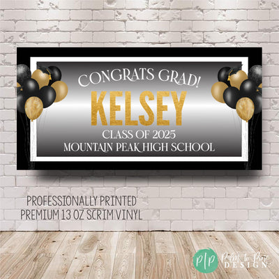 lack, gold, and white graduation banner with &quot;Congrats Grad,&quot; graduate&#39;s name, Class of 2025, and school name, accented with graduation caps on the balloon bundles and modern black and white border.