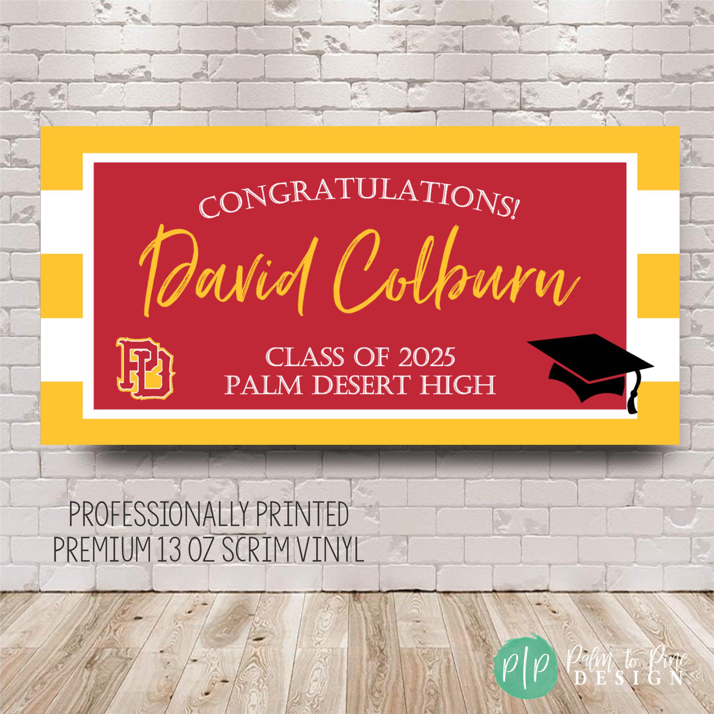 Graduation party banner in school colors with bold striped background, personalized with graduate’s name, school name, and Class of 2025 text; includes mascot logo and grad cap for festive photo backdrop