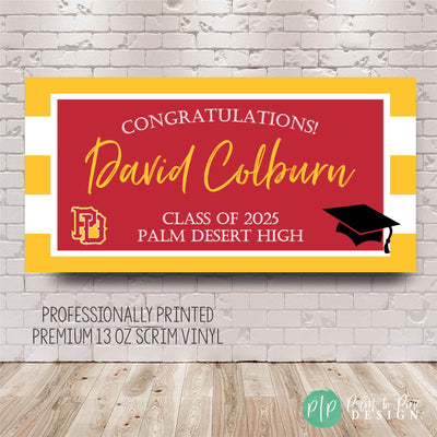 Graduation party banner in school colors with bold striped background, personalized with graduate’s name, school name, and Class of 2025 text; includes mascot logo and grad cap for festive photo backdrop