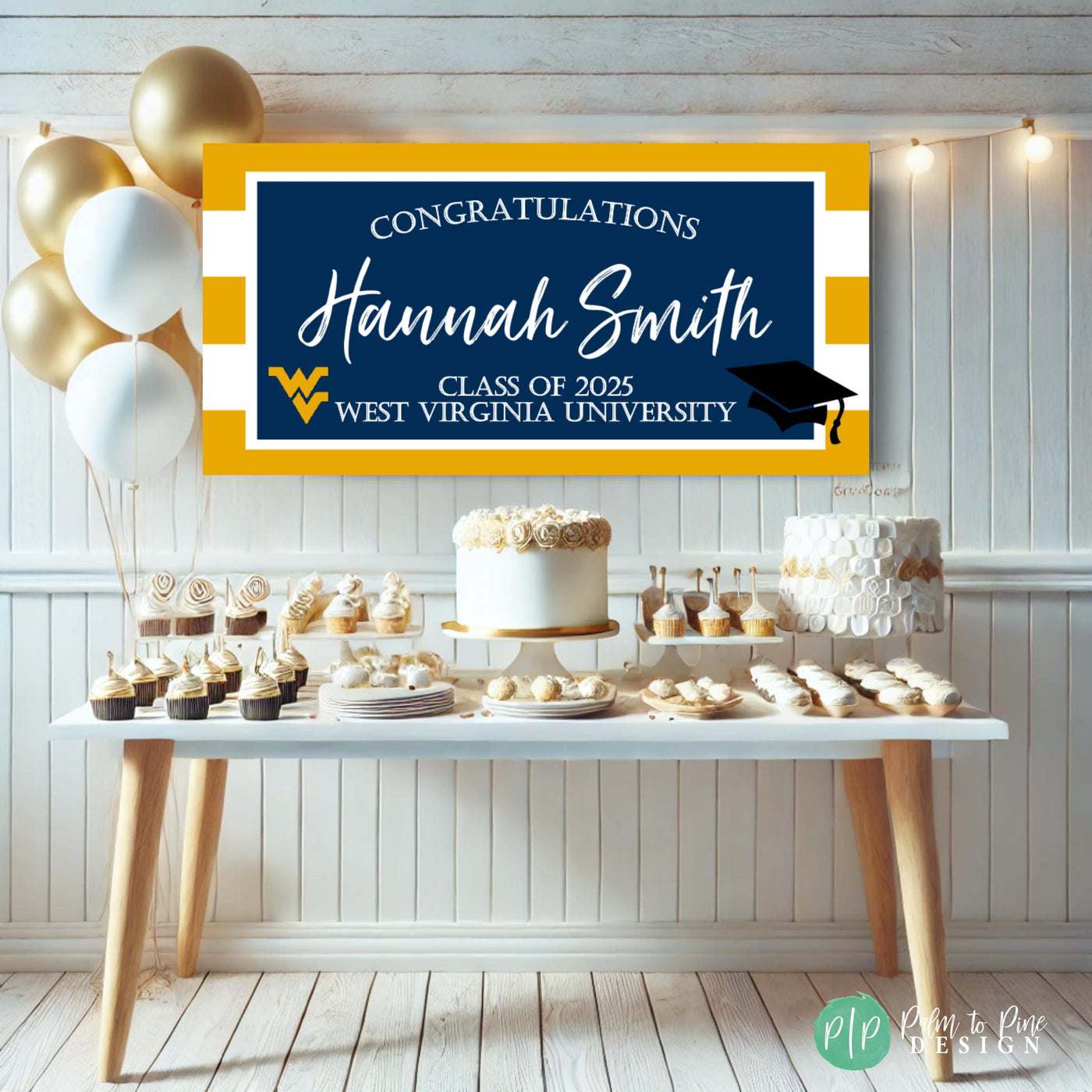 Custom Class of 2025 graduation banner with bold yellow and white background stripes and school color accents, personalized with name, school, cap graphic, and mascot logo; perfect for high school or college grad parties in front of a modern white and gold dessert table.