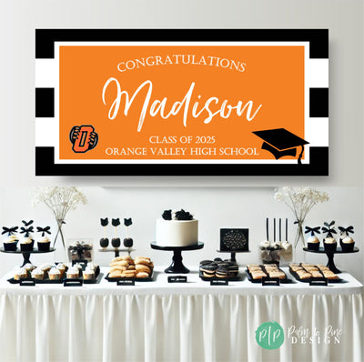 Class of 2025 personalized graduation banner featuring bold stripe design, school-themed colors, and custom name and school; includes graduation cap and logo in front of a modern black and white dessert table