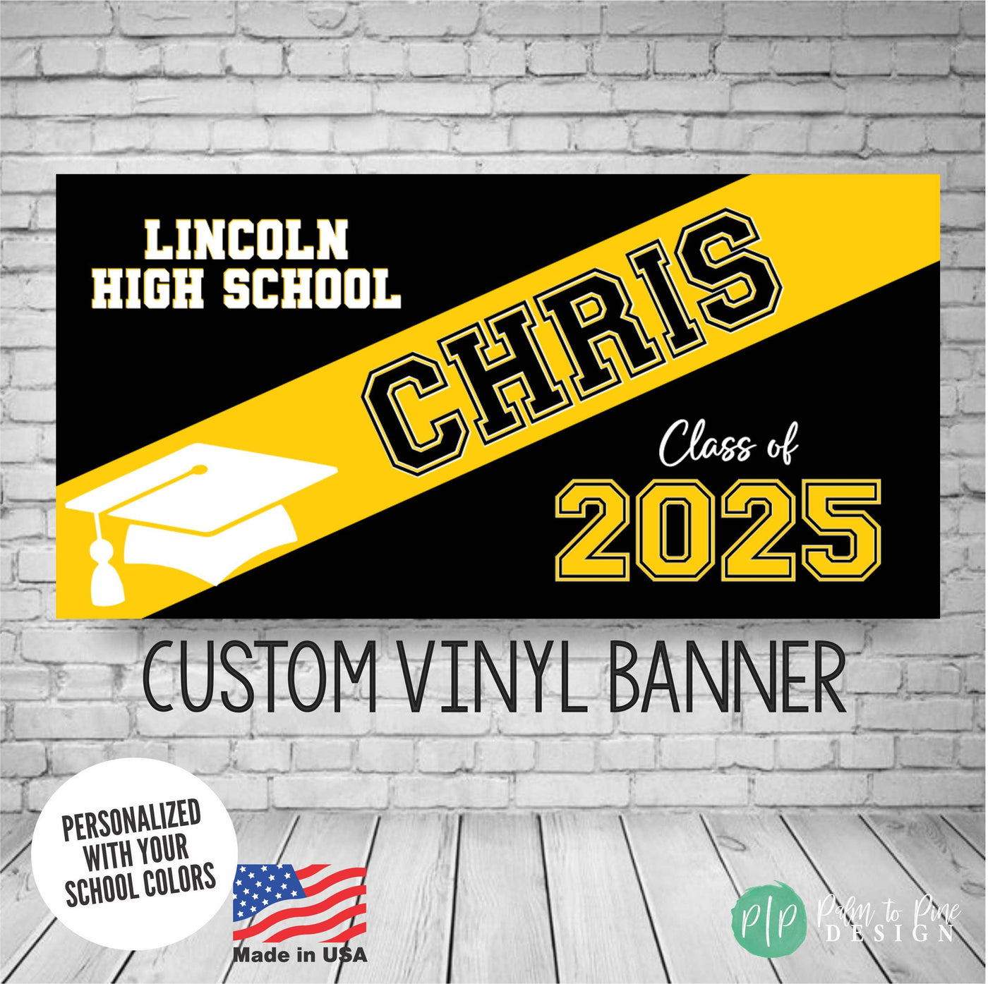 Personalized Graduation banner with name in bold stripe, school colors, and custom text reading high school name and Class of 2025 features a graduation cap for senior party decor.