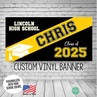 Personalized Graduation banner with name in bold stripe, school colors, and custom text reading high school name and Class of 2025 features a graduation cap for senior party decor.